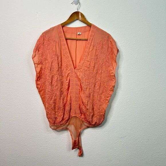 Free People Other - Intimately Free People Peach Rayon Embroidered V-Neck Bodysuit Womens Size Large